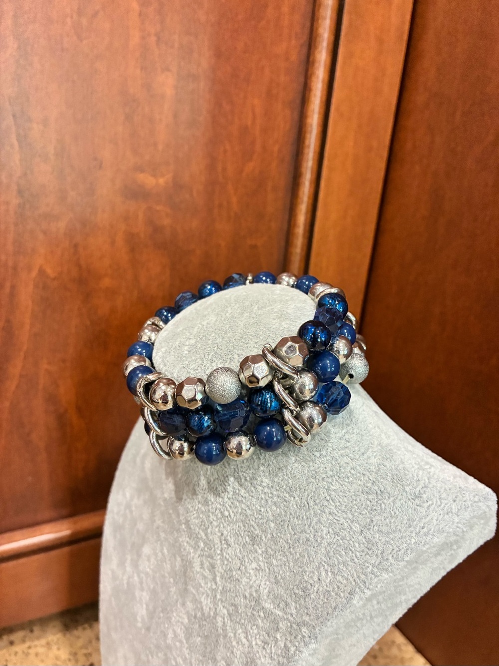 Blue & Silver Multi-Strand Statement Beaded Stretch Bracelet